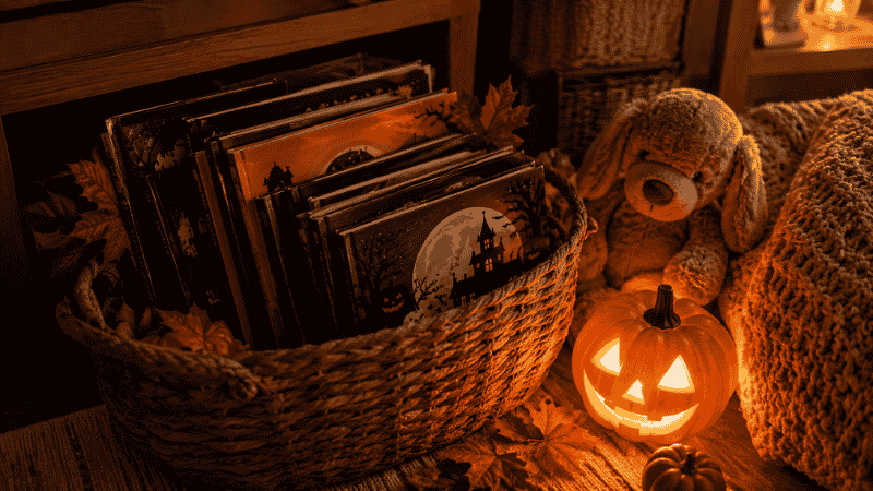 A cozy Halloween reading basket filled with seasonal children's books next to a glowing pumpkin, creating a festive reading ritual