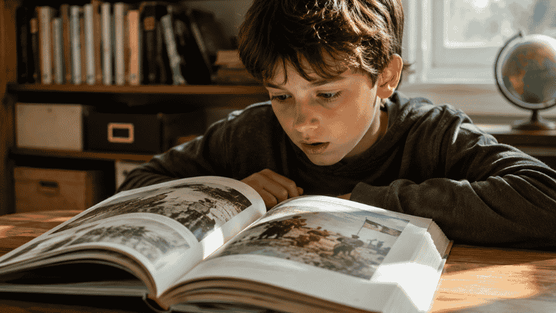 A 10-year-old child reading a nonfiction history book at a desk, expression serious and engaged, taking in something significant
