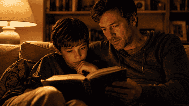 A parent and child sitting together reading a classic award-winning chapter book, the child completely absorbed in the story