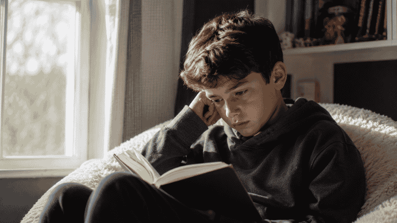 An 11-year-old child reading a serious award-winning novel alone, expression thoughtful and slightly moved by something in the story
