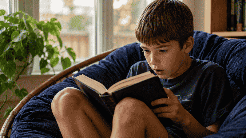 A 9-year-old child reading a chapter book independently with complete focus, clearly at a gripping moment in the story

