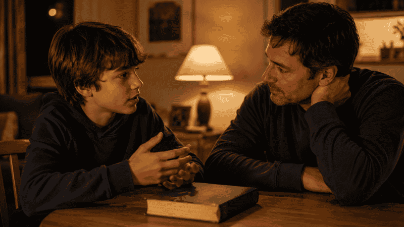 A parent and child sitting together after finishing a serious Newbery book, in quiet and genuine conversation about what they just read
