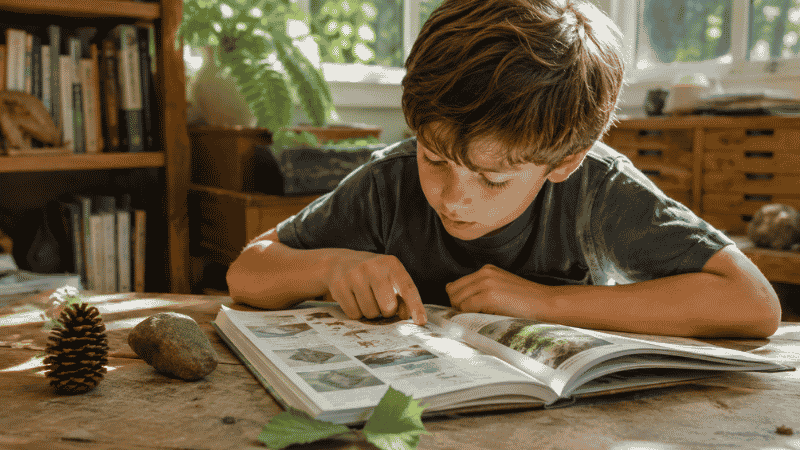 A child completely absorbed in a nonfiction science book, surrounded by nature objects like rocks and leaves, reading with genuine curiosity