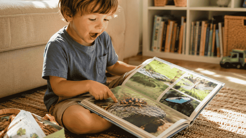 A 4-year-old child looking at vivid nature photographs in a nonfiction picture book, pointing at an animal with excited curiosity
