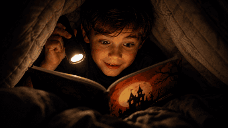 A child around age 7 reading a mildly spooky Halloween book alone under a blanket with a flashlight, expression pleasantly spooked