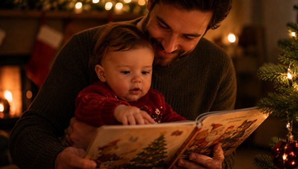 A toddler sitting on a parent's lap reading a Christmas board book, both surrounded by soft holiday decorations and warm light
