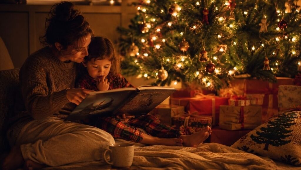 A family reading Christmas books together by a decorated Christmas tree, warm lamplight and holiday magic in the air