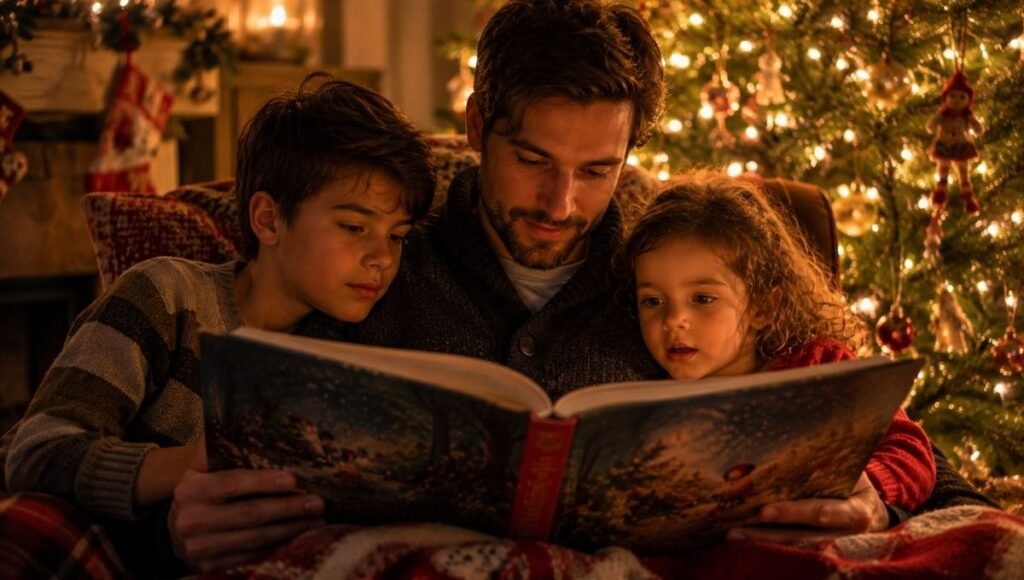 A parent reading a classic Christmas story aloud to children of different ages gathered together, all listening in the warm glow of Christmas lights
