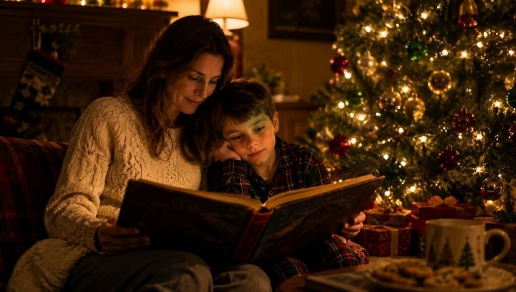 A family reading a classic Christmas book together near a glowing Christmas tree on Christmas Eve, a beloved annual tradition