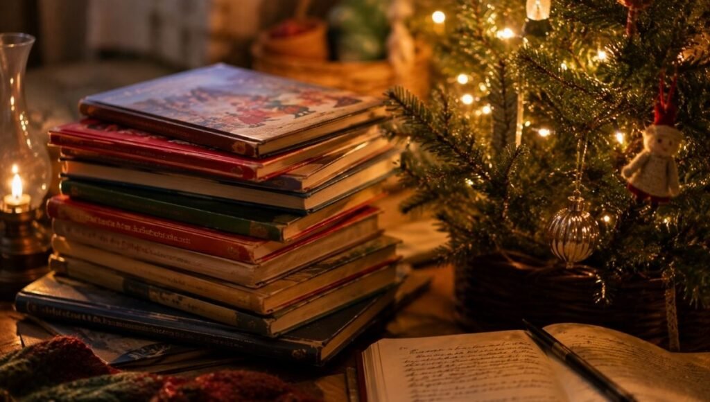 A curated collection of Christmas books stacked beside a glowing Christmas tree, representing years of a family's holiday reading tradition

