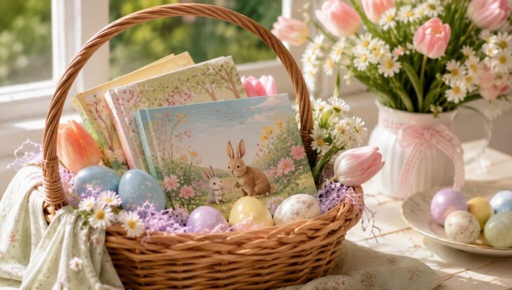 A beautifully styled Easter basket containing colorful picture books alongside spring flowers and decorated eggs

