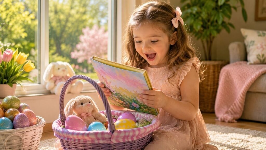 A child discovering Easter books and a picture book in their Easter basket on a bright spring morning
