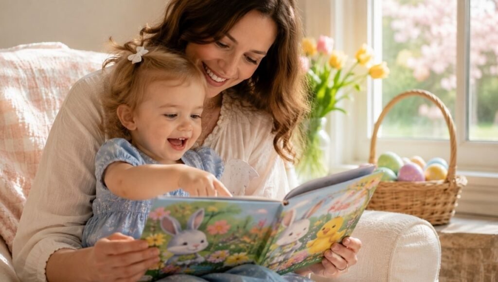 A toddler and parent reading a colorful Easter picture book together on a spring morning, Easter decorations visible nearby
