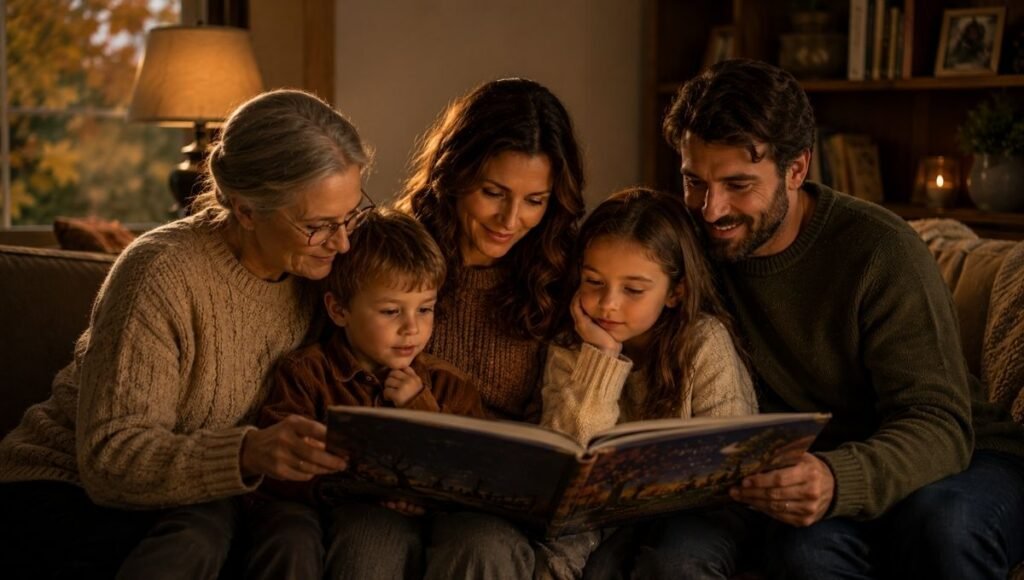 A family of different ages gathered together reading holiday books, representing the joy of seasonal reading as a year-round family tradition
