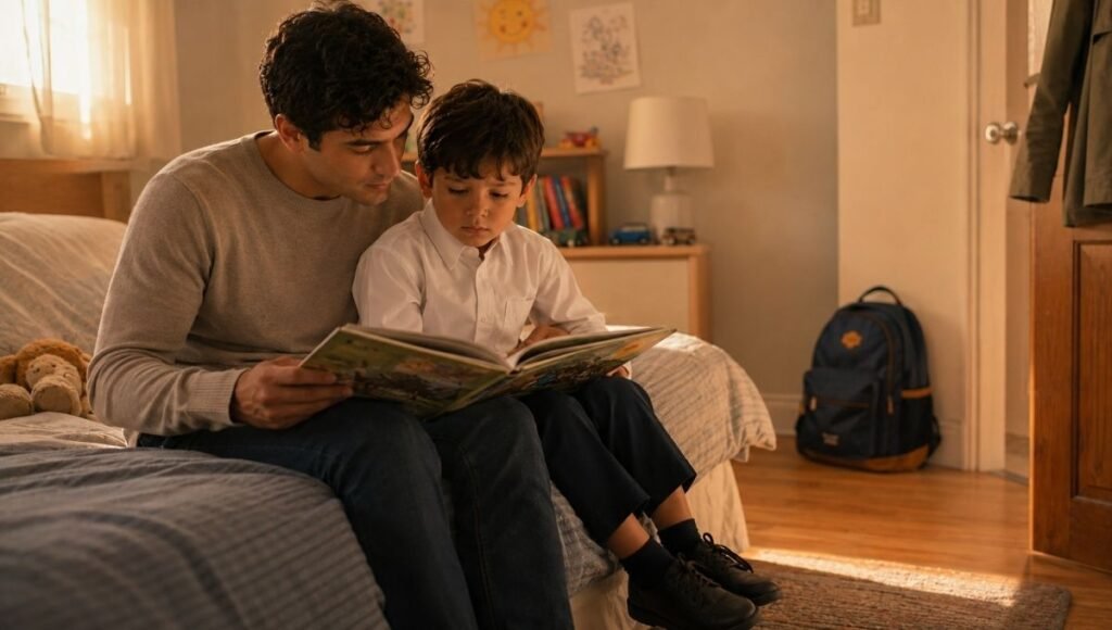 A 5-year-old child in school clothes reading a picture book about kindergarten with a parent, small backpack by the door

