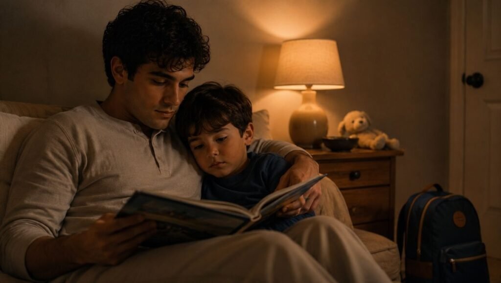 A parent and child reading a picture book about starting school together the night before the first day, a small backpack visible nearby