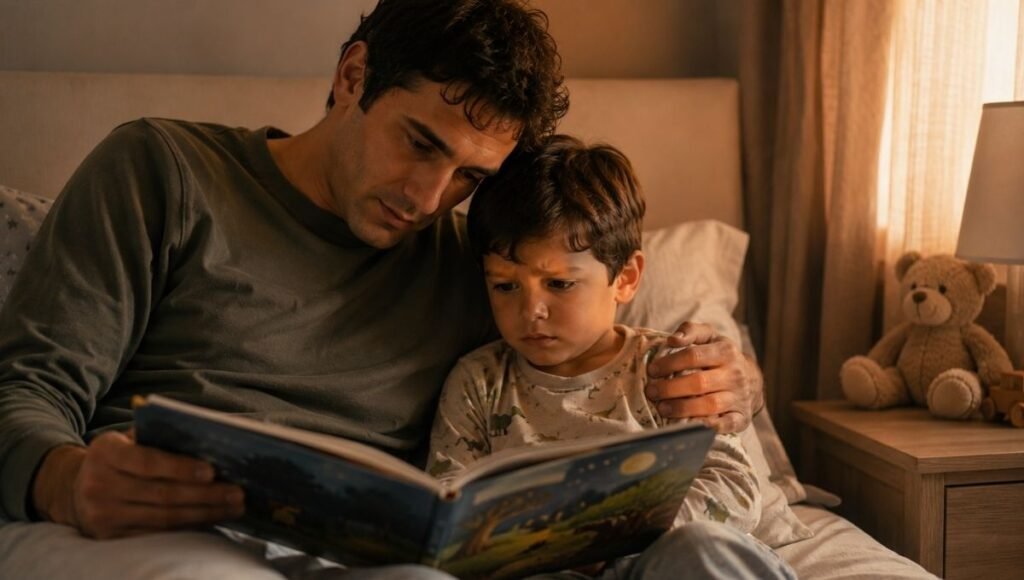 A parent reading a reassuring picture book to a worried-looking preschooler, both sitting close together in a calm home setting
