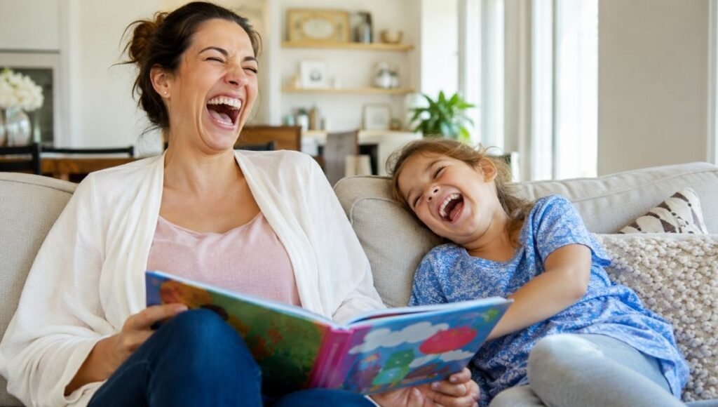 A parent and child both laughing out loud while reading a funny picture book together, the child nearly falling off the couch with laughter