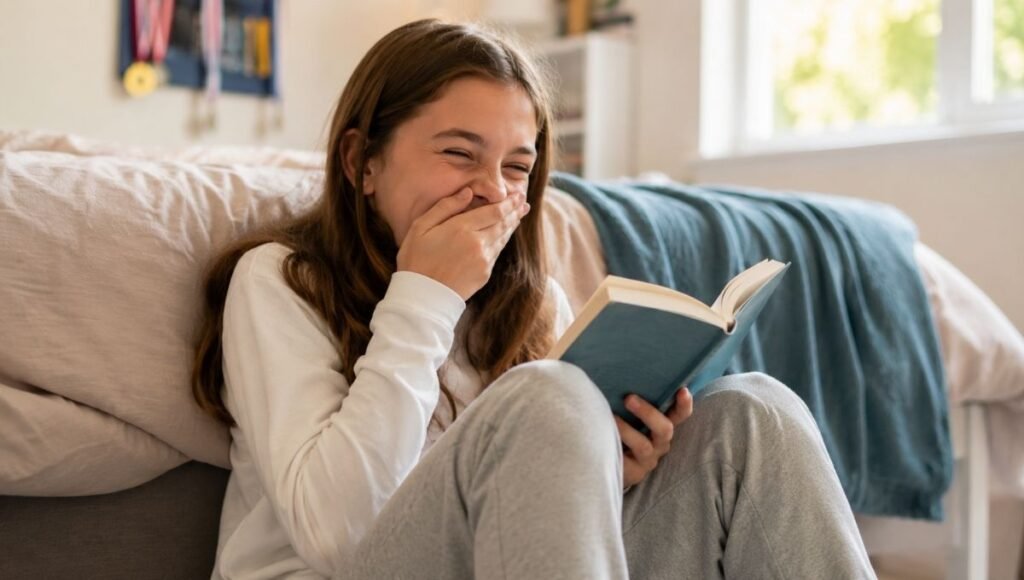 A 10-year-old child reading a funny chapter book alone and laughing out loud, completely unable to contain their reaction