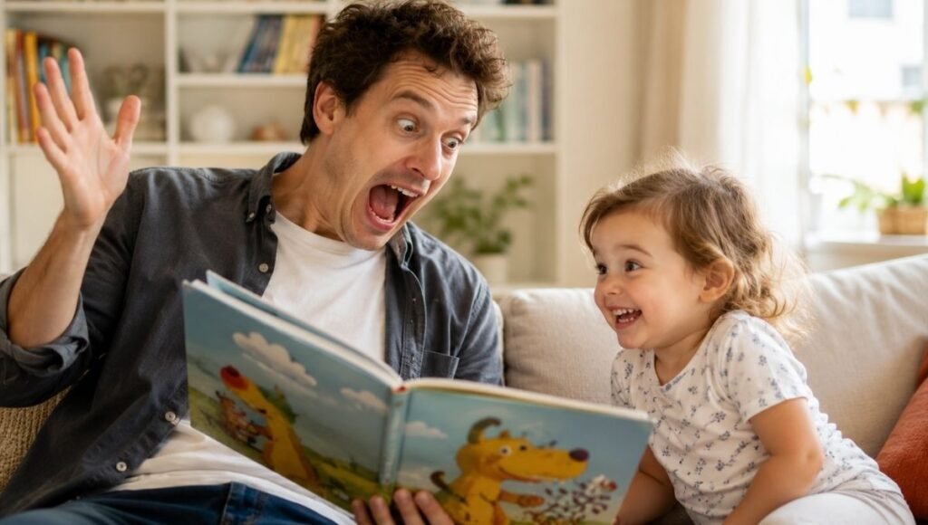 A parent reading a funny picture book aloud with full dramatic expression while a toddler watches with delighted anticipation