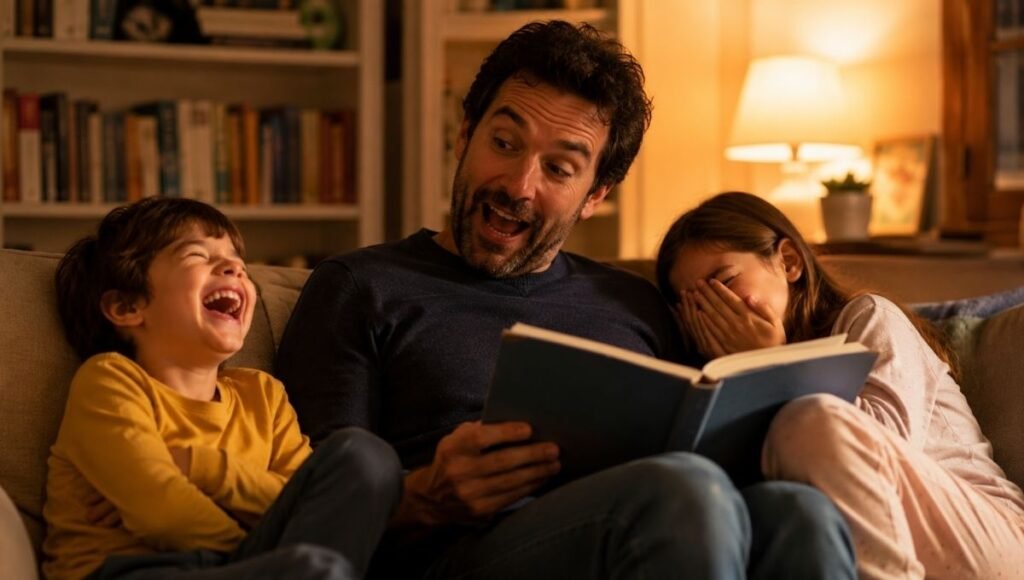 A parent doing funny voices while reading a humorous book aloud to two children, everyone in the room laughing together