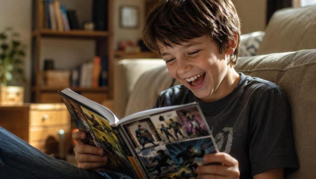 A child completely absorbed in a graphic novel, laughing out loud at something on the page, the book held open with both hands