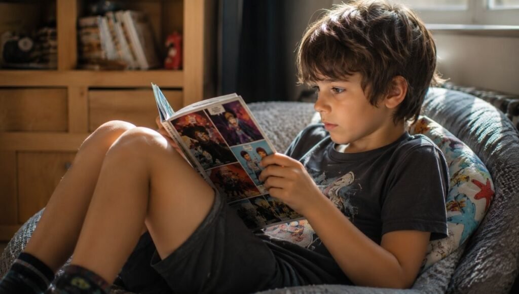 A previously reluctant reader now completely engaged with a graphic novel, sitting independently and turning pages with genuine interest
