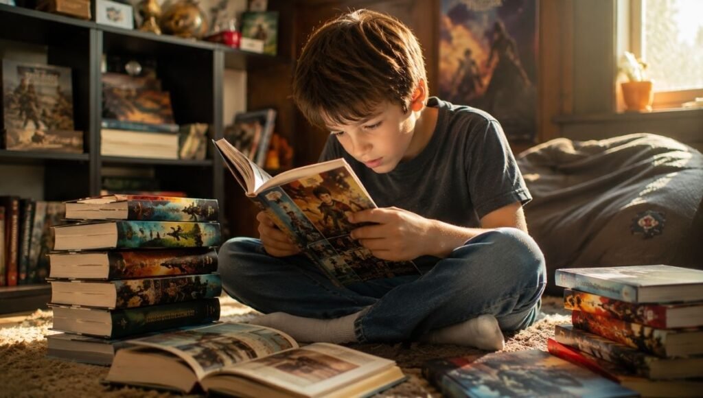 A 9-year-old child surrounded by multiple volumes of a graphic novel series, deep into the story and clearly planning to read them all
