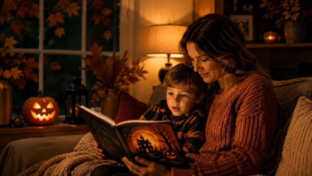 A parent and child reading a Halloween picture book together by warm lamplight with autumn decorations nearby