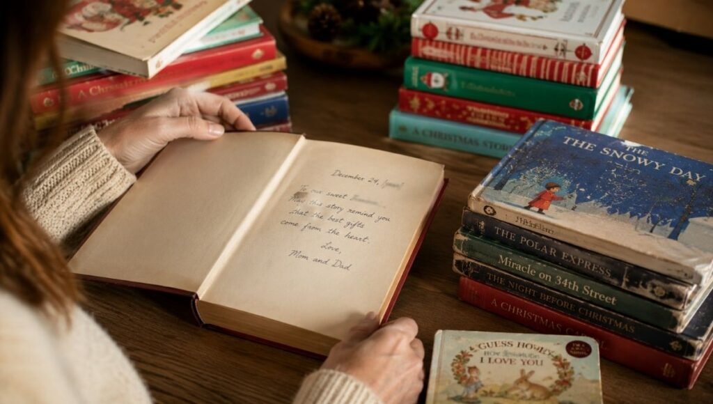 A lovingly organized holiday book collection on a shelf, books spanning years of seasonal reading with handwritten dates visible inside covers
