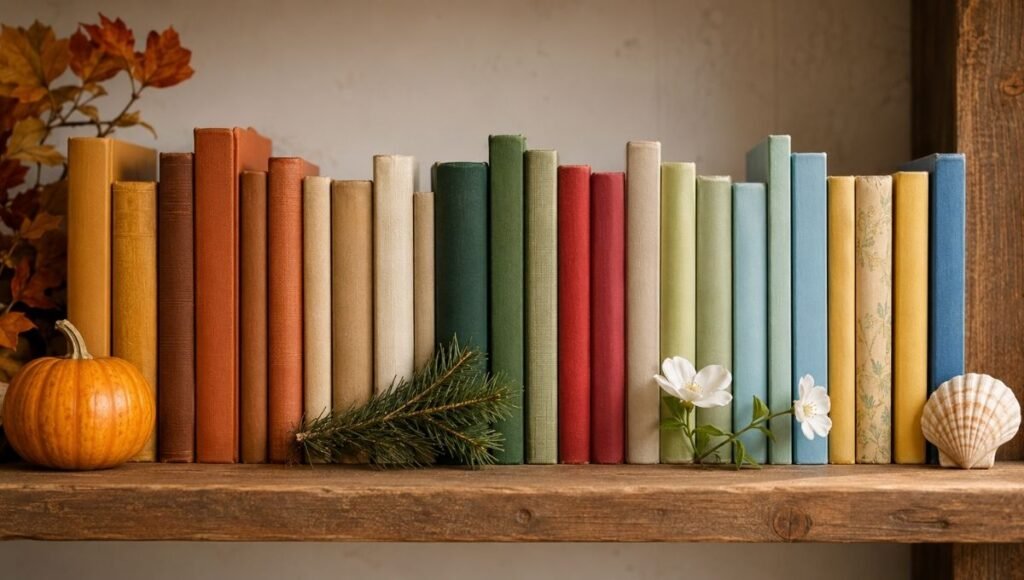 A curated collection of seasonal children's books spanning all holidays arranged across the four seasons, warm family reading atmosphere