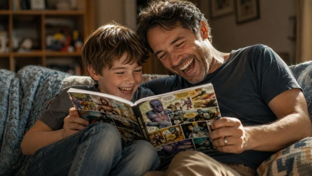 A parent and child reading a graphic novel together, both laughing at the same panel, genuinely sharing the experience
