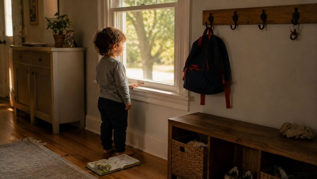 A younger toddler sibling looking out the window after an older sibling has left for the first day of school, a picture book open beside them
