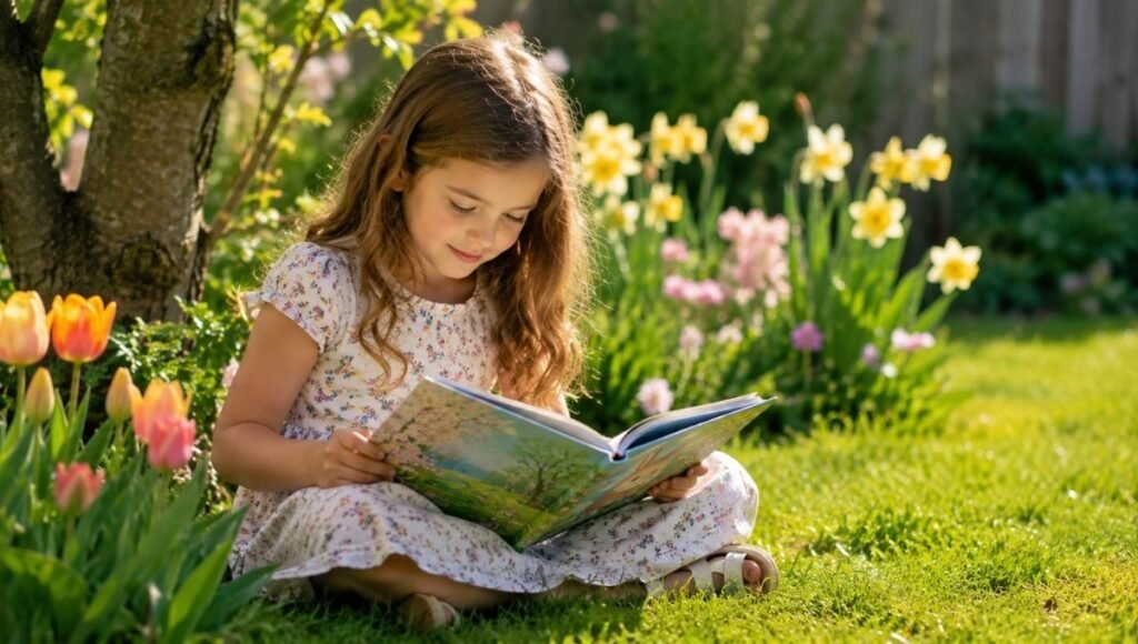 A child reading a spring picture book outdoors in a garden, surrounded by blooming flowers and fresh green grass
