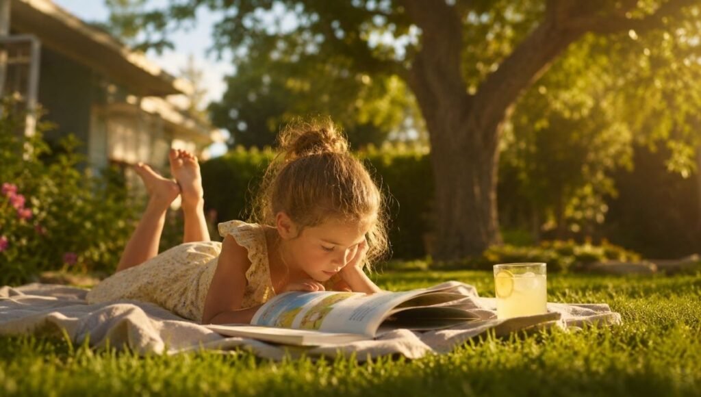 A child reading a picture book on a sunny summer afternoon outdoors, surrounded by the warmth and ease of a long summer day