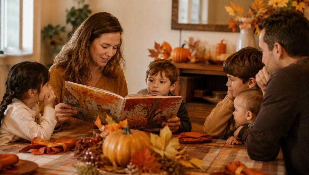 A family gathered around a Thanksgiving table reading a picture book together before the meal, warm autumn light filling the room