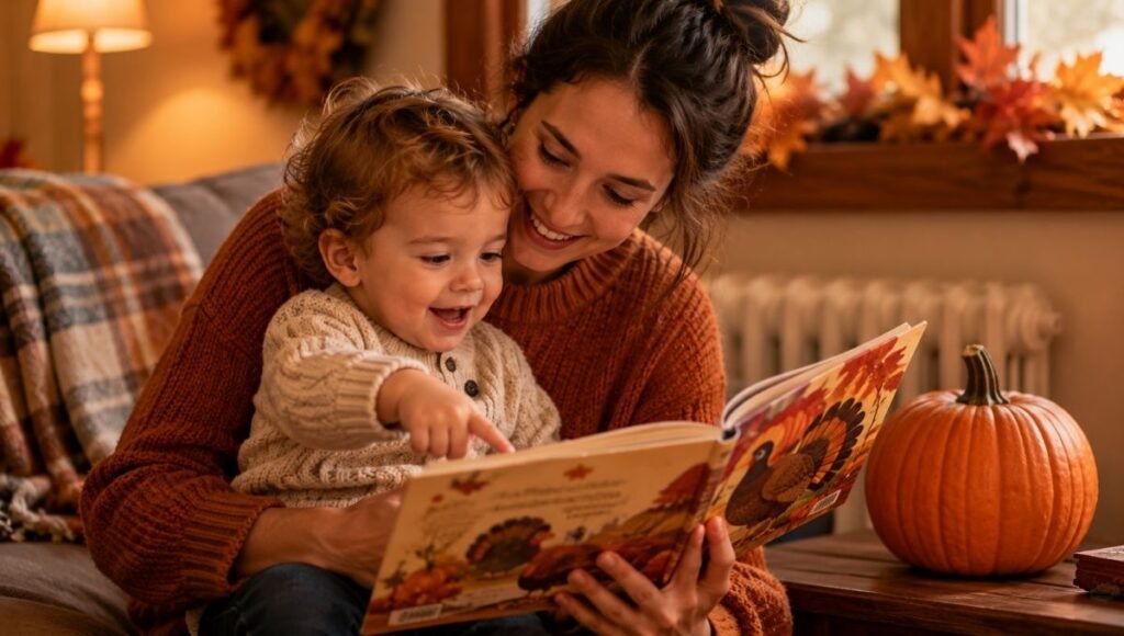 A toddler and parent reading a cozy Thanksgiving picture book together, surrounded by warm autumn colors and a small decorative pumpkin
