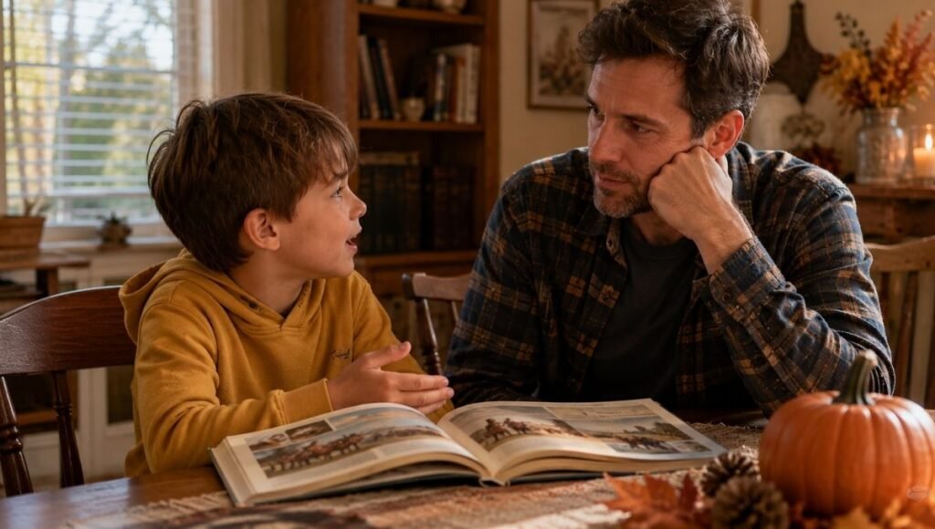 A parent and 7-year-old reading a nonfiction Thanksgiving history book together, the child asking a question and the parent listening thoughtfully
