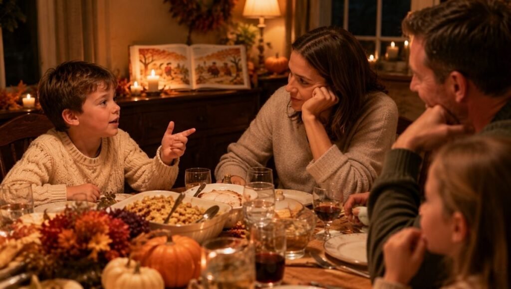 A family at a Thanksgiving table in genuine conversation, a children's book visible nearby, the atmosphere warm and engaged
