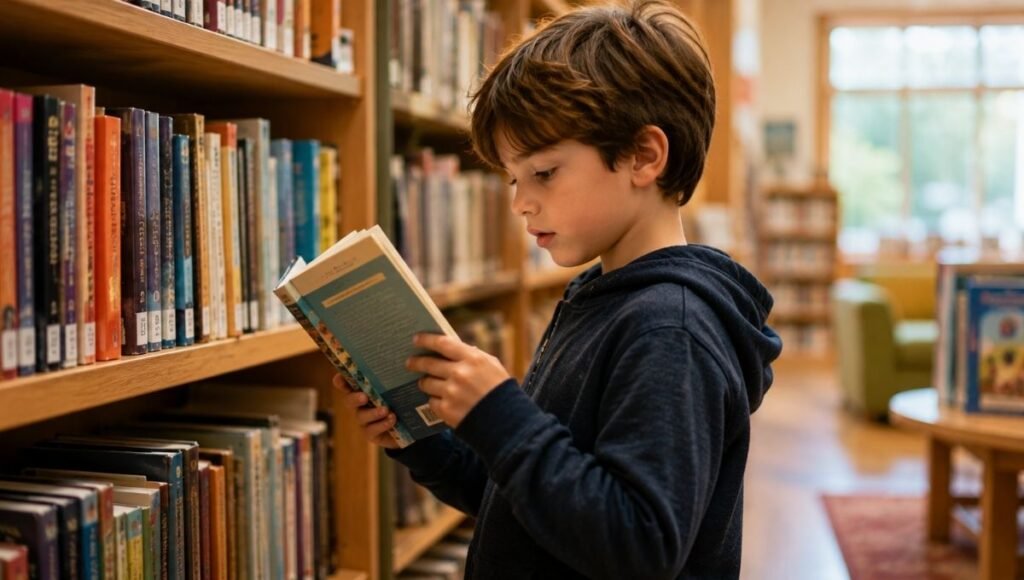 A 7-year-old child at a library shelf choosing a chapter book based on personal interest, expression curious and self-directed