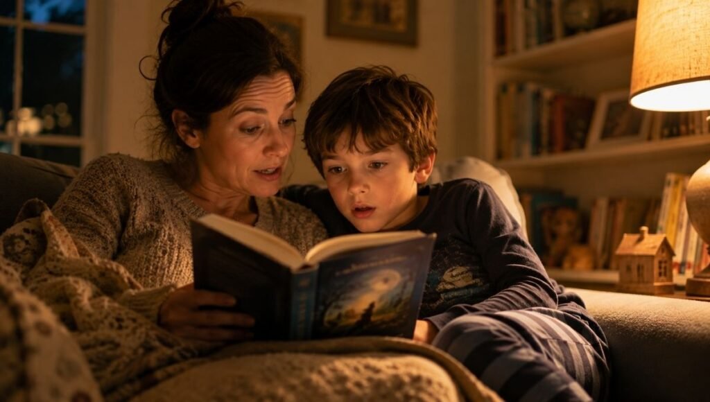 A parent reading a chapter book aloud to a 7-year-old second grader, both visibly engaged in the story together