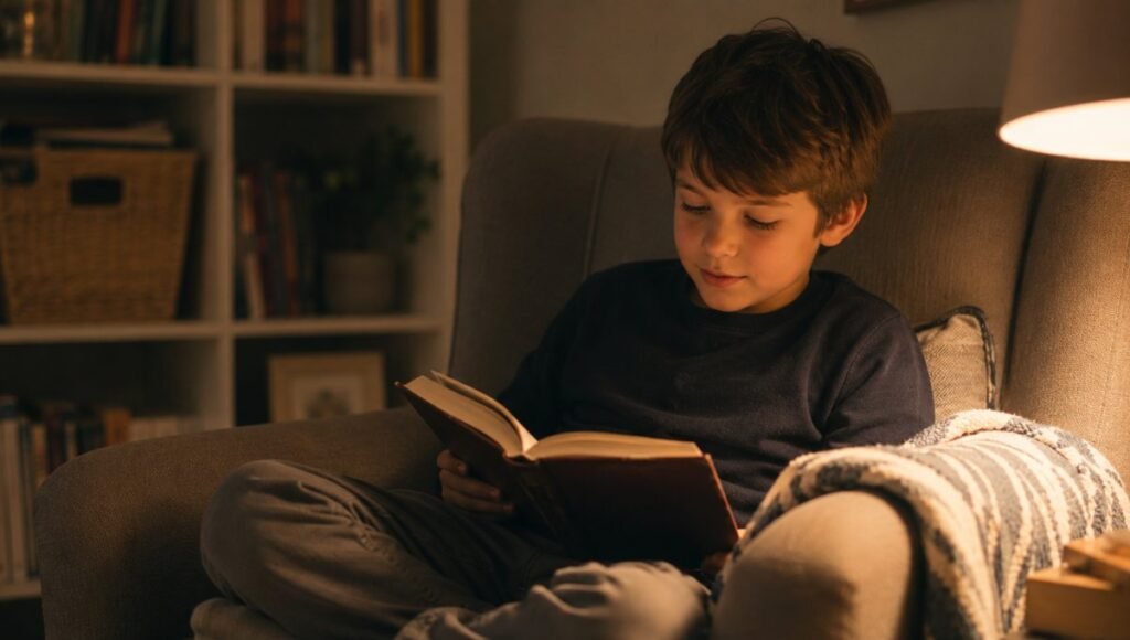 A child settling into a comfortable reading spot for their daily reading time, book open, expression relaxed and ready