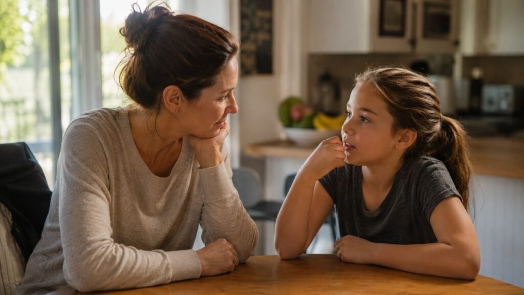 A parent and 9-year-old having a genuine conversation about what kind of books the child actually enjoys, both thoughtful and engaged