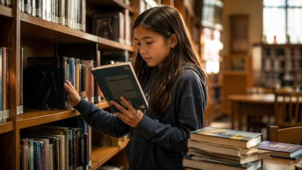 A 10-year-old browsing a library shelf with genuine purpose, pulling out books that match their specific interests
