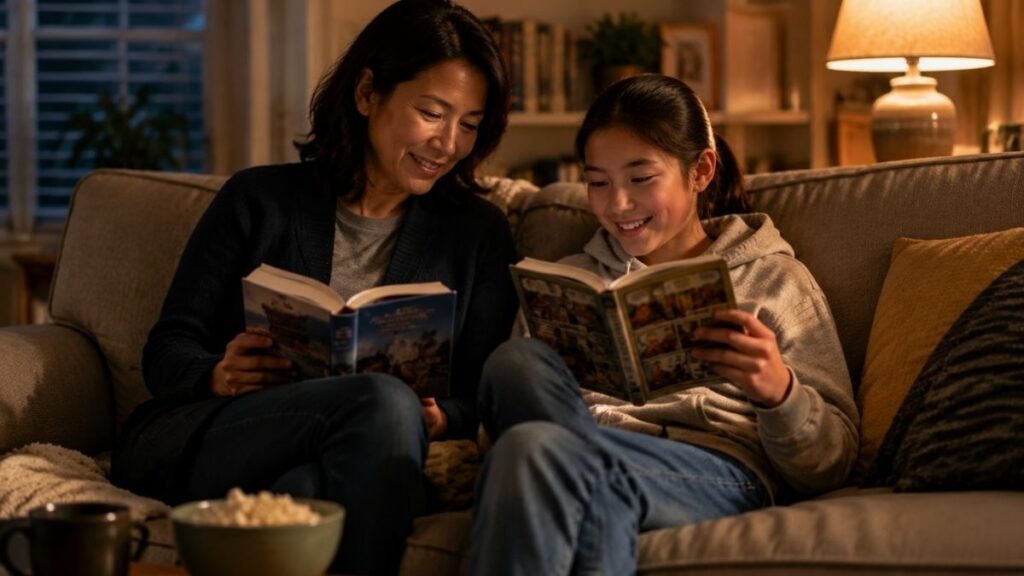 Parent encouraging a reluctant sixth grader to enjoy reading
