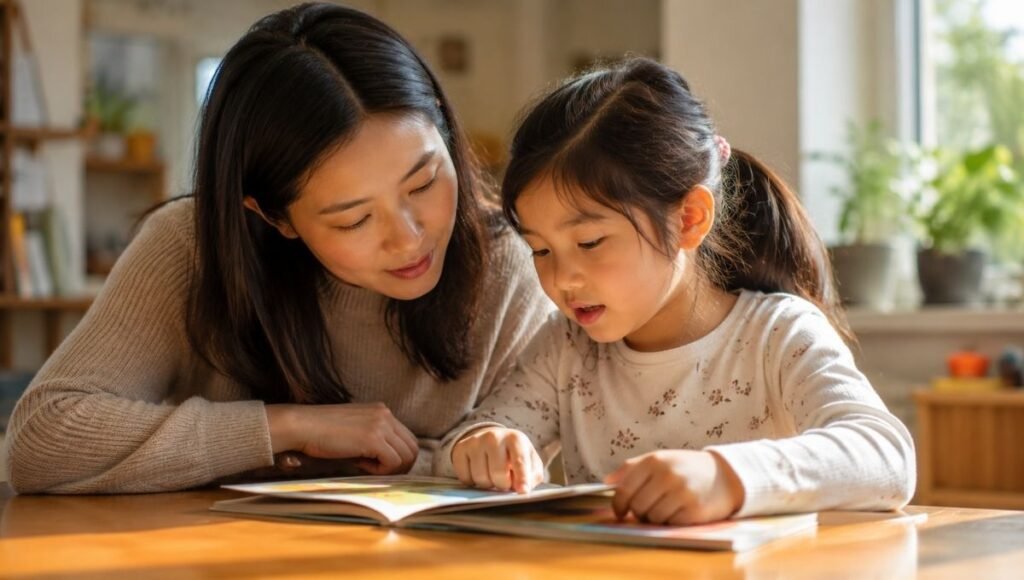A parent and 6-year-old taking turns reading an early reader book together, the child pointing at words while the parent listens patiently
