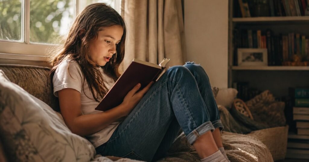 A 8-year-old third grader reading a chapter book with genuine absorption, completely inside the story on a quiet afternoon