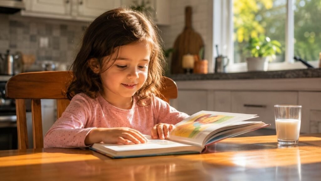 A 6-year-old first grader reading an early reader book independently at a kitchen table, expression focused and quietly proud