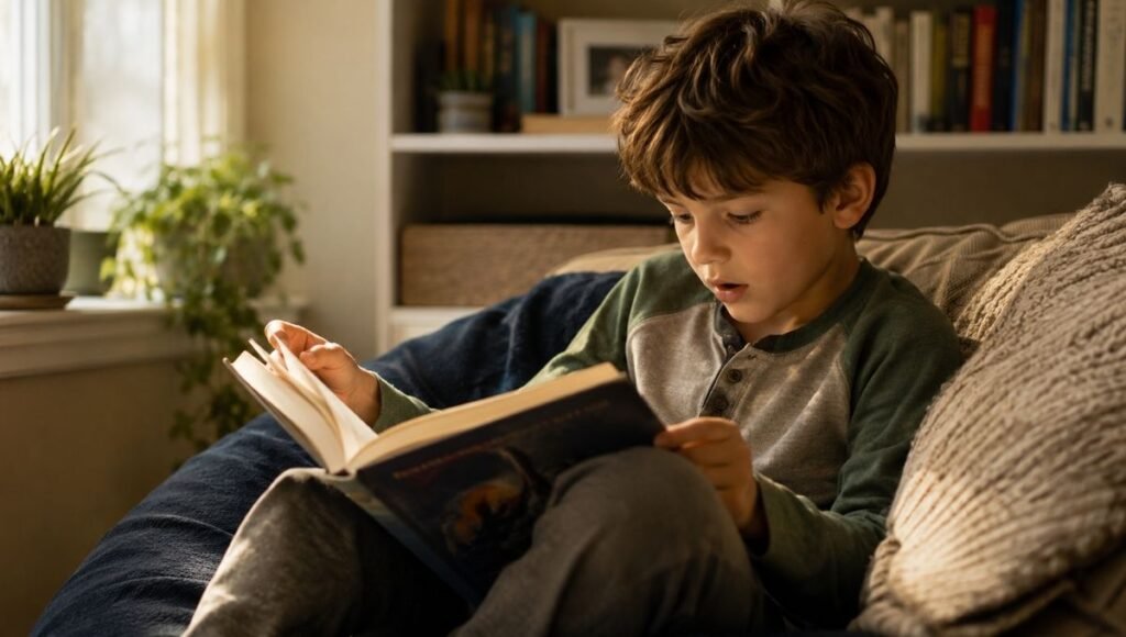 A 7-year-old second grader completely absorbed in a chapter book, reading independently with focused excitement