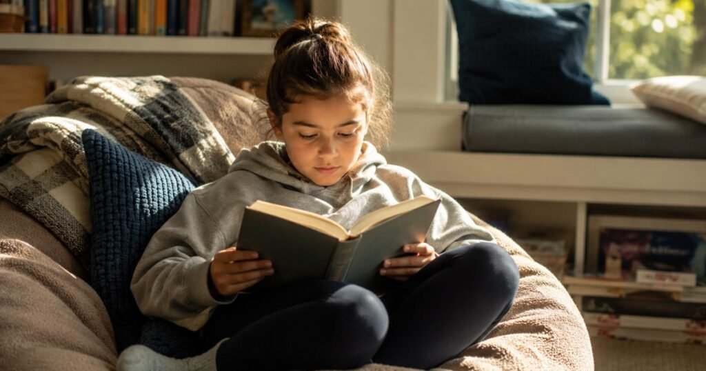 A 10-year-old fifth grader reading a thick chapter book independently, expression absorbed and confident, the book clearly worth their time
